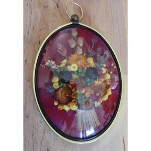 Vintage CideArt Convex Domed Oval Wall Art Dried Flowers 8.5" X 6.5" MCM